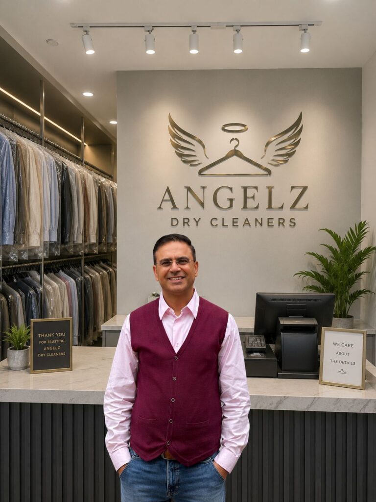 Khurram, owner of Angelz Dry Cleaners, inside the shop on Arlington Way in Angel